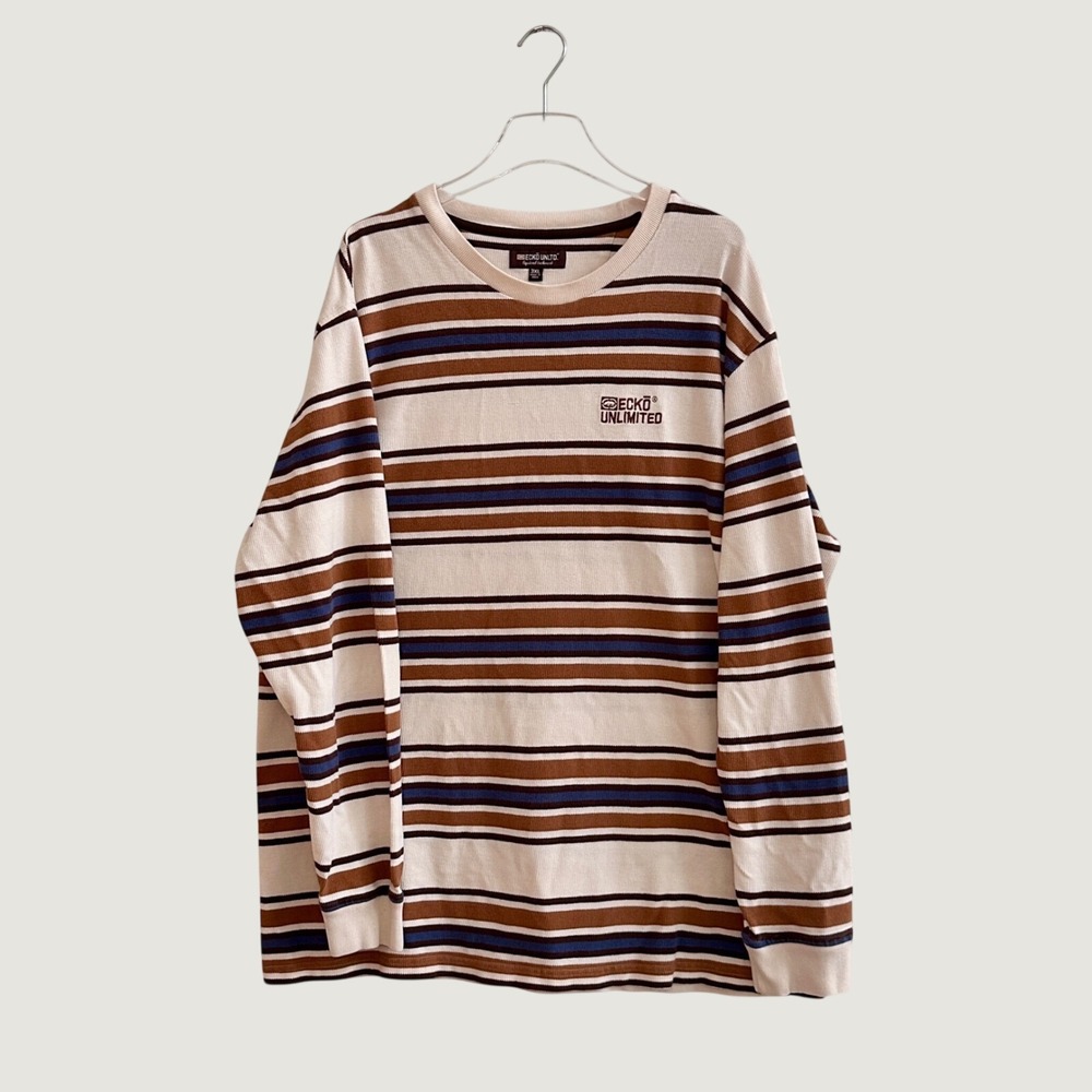 Y2K Ecko Unltd Mens 3XL Striped Waffle Knit Thermal Long Sleeve Shirt Brown Blue